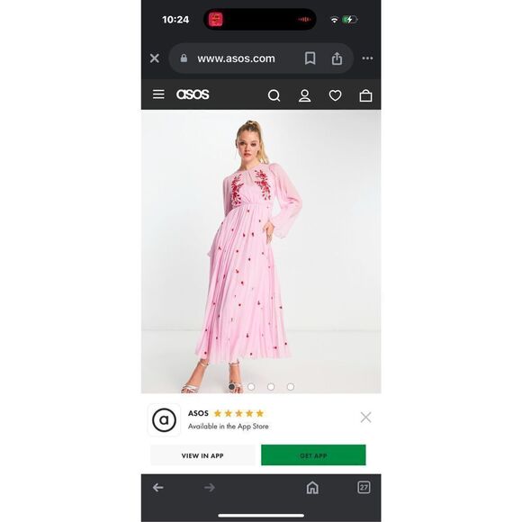 ASOS DESIGN tie back pleated sleeve midi dress in pink with red embroidery - Picture 4 of 15